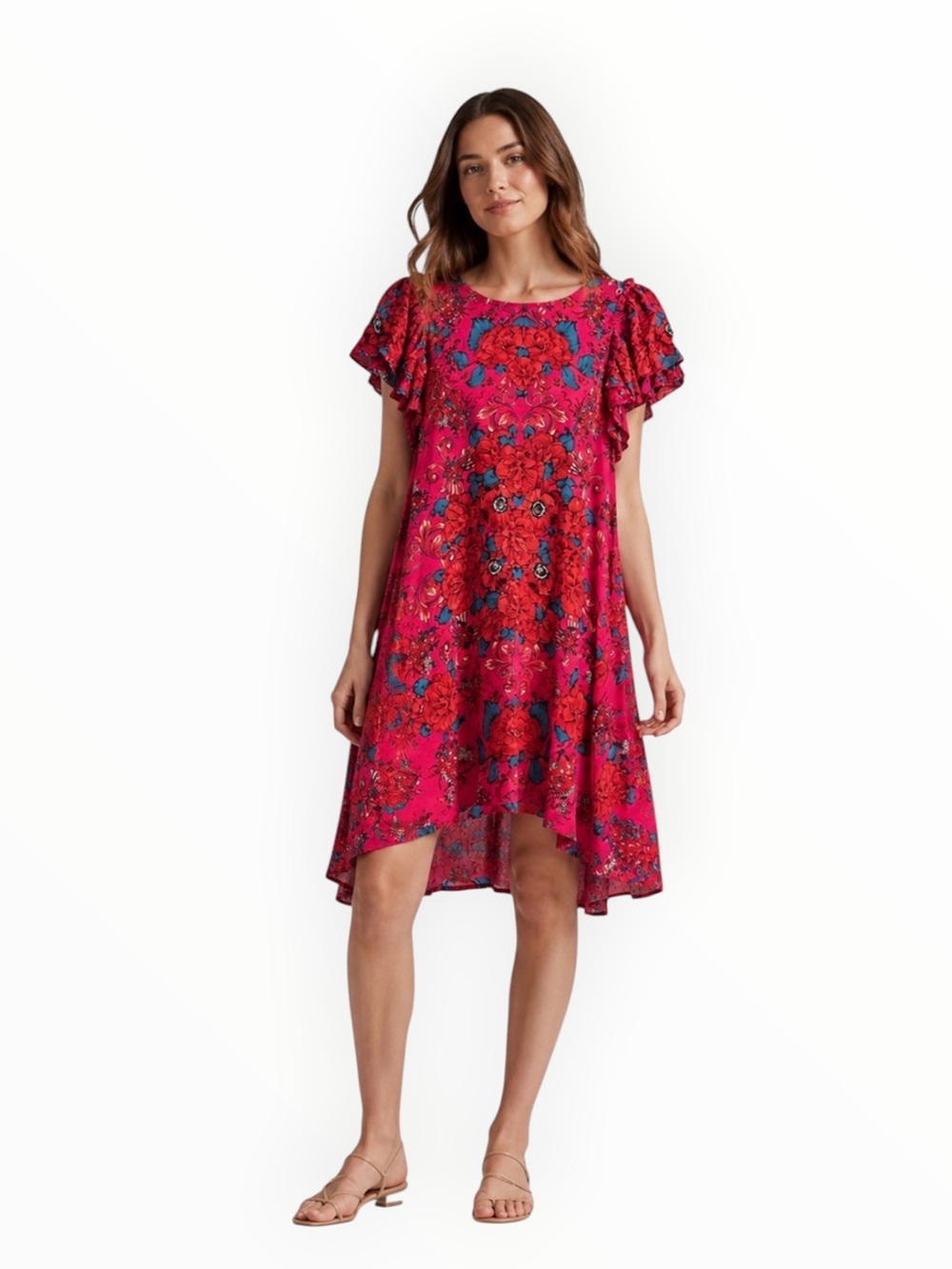 Free People Yara Bright Fuchsia Floral Flutter-Sleeve Swing Dress